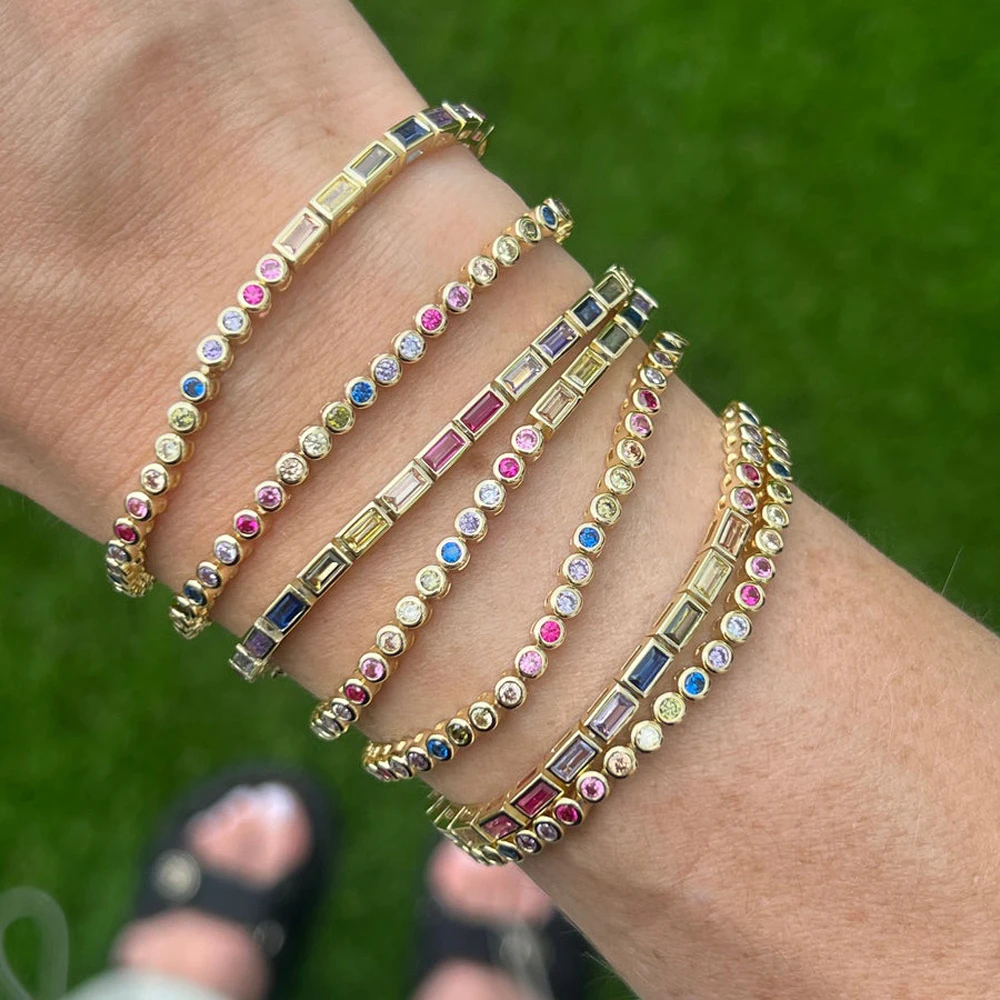 Bling Bezel White Colorful Rainbow Half Round Half Rectangle Cubic Zirconia Tennis Bracelet For Women Girl Fashion Jewelry