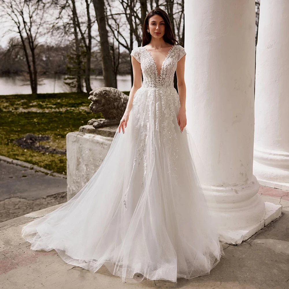 Классическое свадебное платье по индивидуальному заказу с V-образным вырезом и короткими рукавами, расшитое блестками и аппликацией, блестящее тюлевое свадебное платье трапециевидной формы, Vestido De Noiva