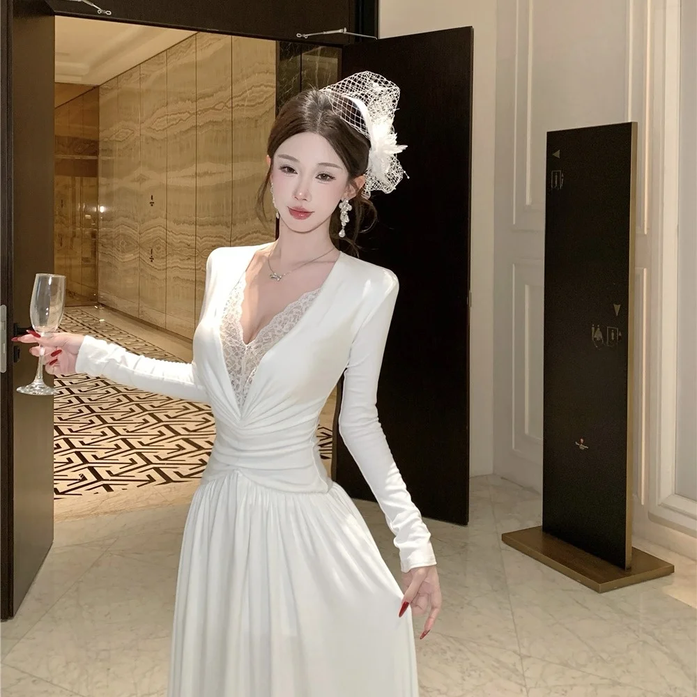 

Pure Desire Lace Splicing Deep V Ele Date White Dr Autumn Winter New Sle Ball Waist Cinching Long Skirt