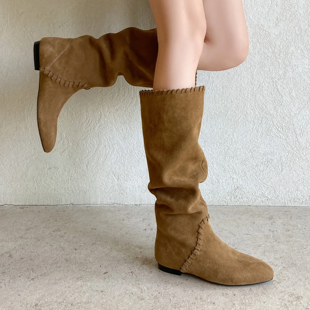 

Women's natural suede leather pointed toe slip-on autumn knee high boots high quality soft comfortable casual long boots shoes