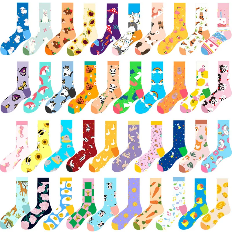 Skarpetki damskie Cartoon Animal Cute Printing Kawaii Calcetines Śmieszne skarpetki w kolorze owiec, królika, jeża, flaminga i konika morskiego