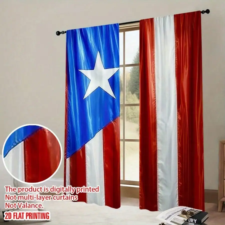Puerto Rico Flag Curtain, Patriotic National Symbol Print Blackout Curtains, Cultural Home Decor Window Drapes, 2 Panels