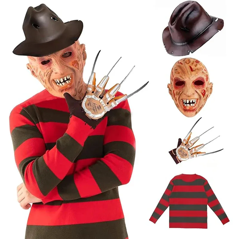 

Freddy Costume Creepy Devil Killer Outfit Horror Movie Cosplay Suit Mask Glove Hat Red and Green Stripe Sweater Set Adult hjk.5