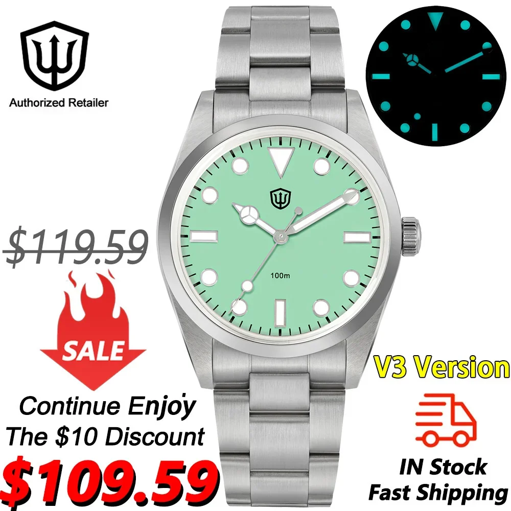 

Watchdives WD1016 V3 Watch VH31 Sweep Second Movement Slim Case Sapphire Crystal 100m Waterproof Luminous 37mm Vintage Watches