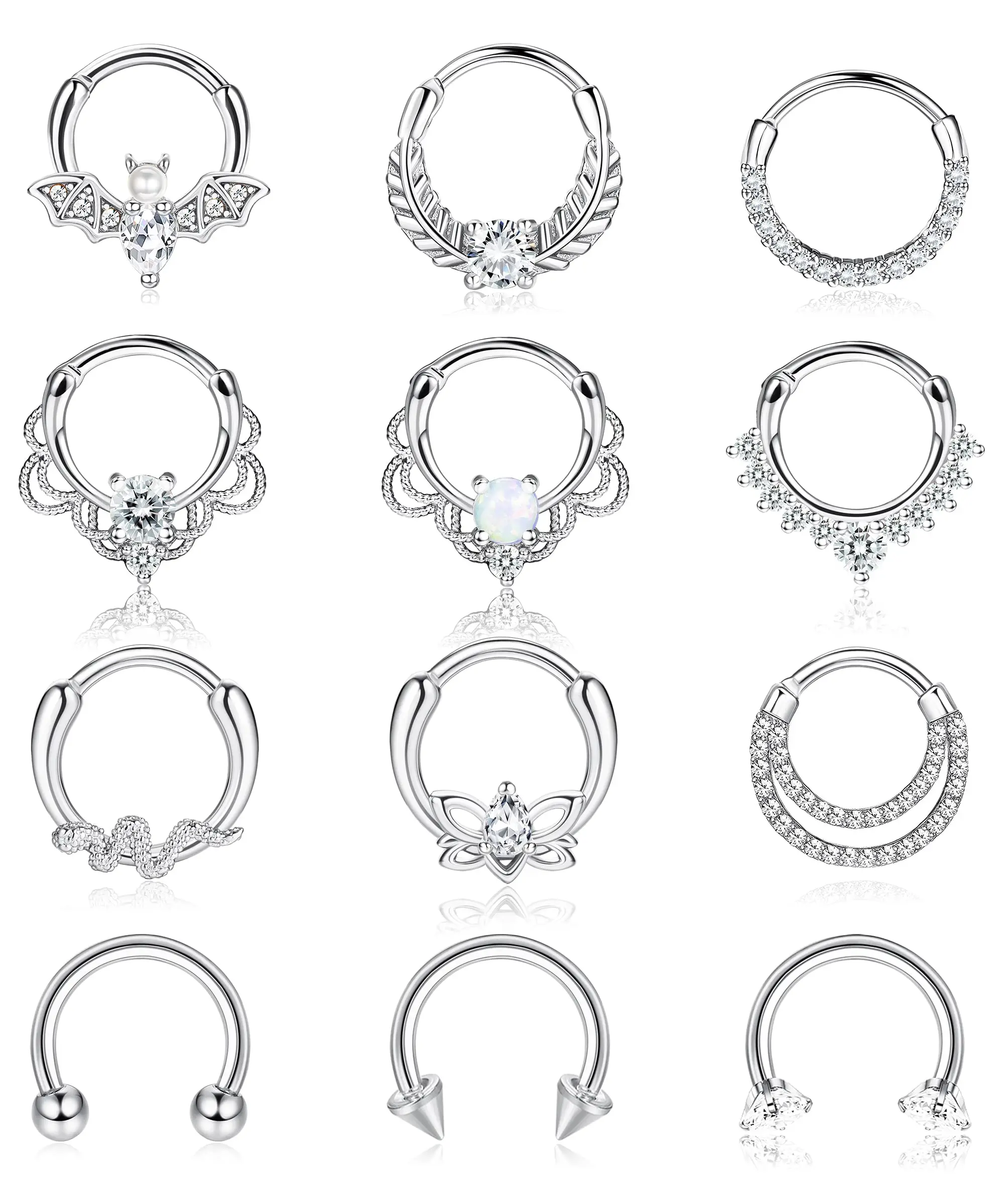 Aço inoxidável Septo Anéis, Daith Brincos, Nariz Anel, Hoop, CZ, Opala, Cartilagem, Hélice, Tragus, Clicker Piercing, Jóias, 16G