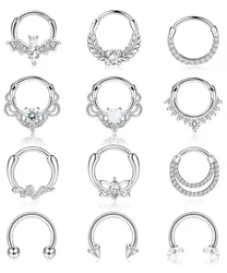 Drperfect Septum Rings 16G Daith Earrings Nose Ring Hoop Stainless Steel CZ Opal Cartilage Helix Tragus Clicker Piercing Jewelry