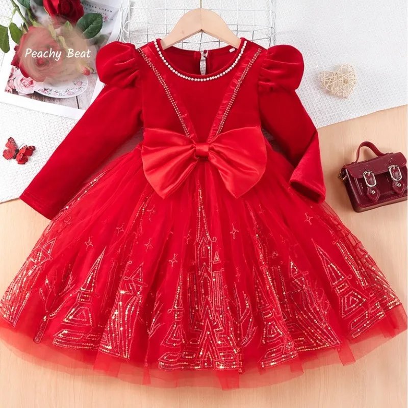 

Платье принцессы с блестками и жемчугом и бантом для маленьких девочек, платье с длинными пышными рукавами для малышей, рождественское платье, одежда для дня рождения, детская одежда, От 4 до 8 лет