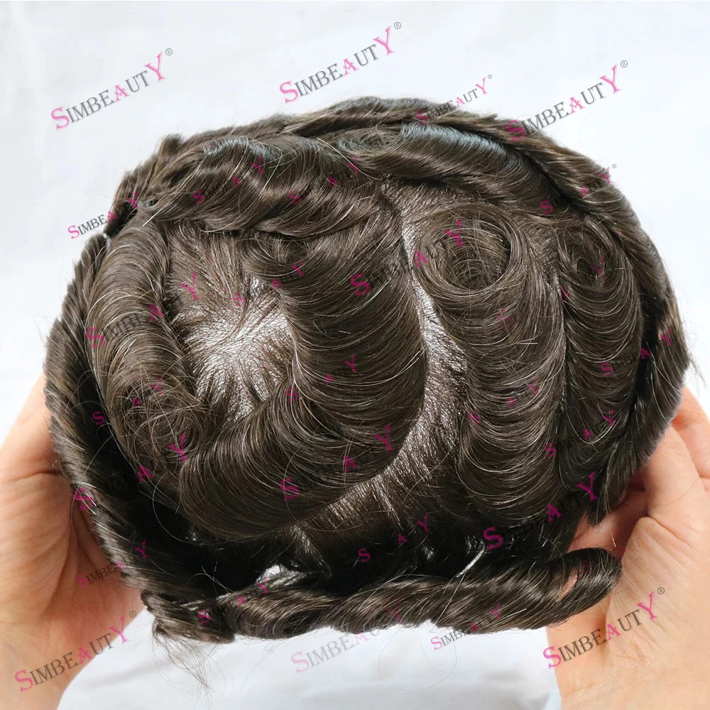 Super Ultra Thin Skin 0.02mm Full Skin Human Hair Men's Toupee Undetected Natural Hairline Capillary Prosthesis V Loop System