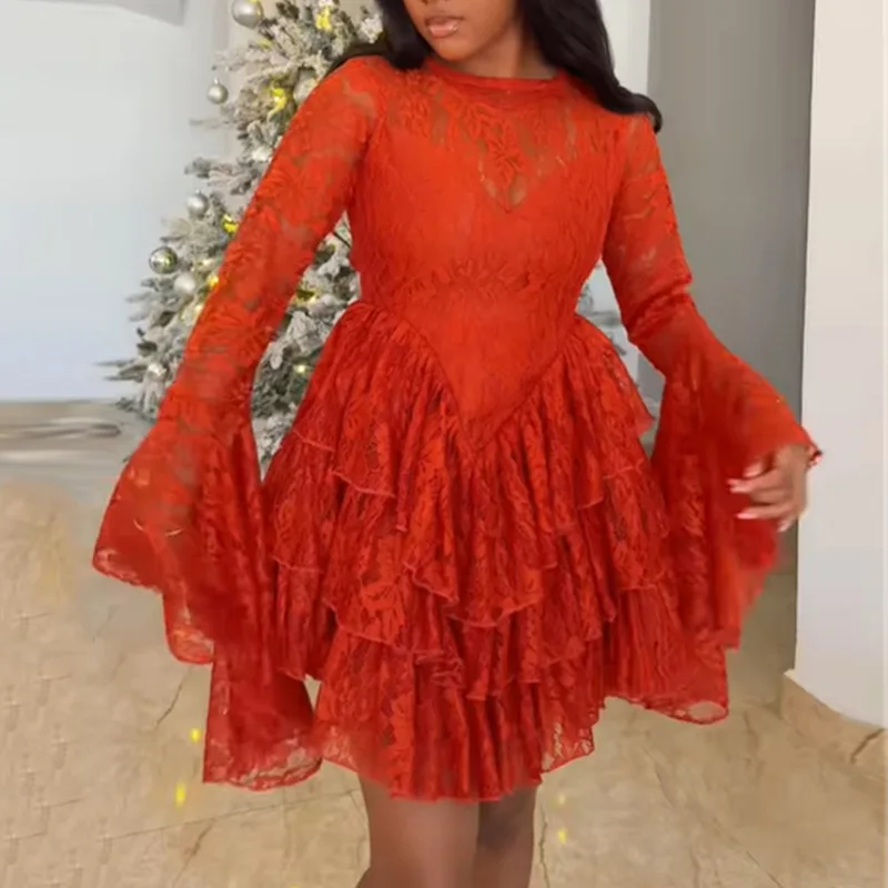 

New temperament lace crew neck horn sleeve irregular dress fashionable simple versatile elegant holiday style high-end dress