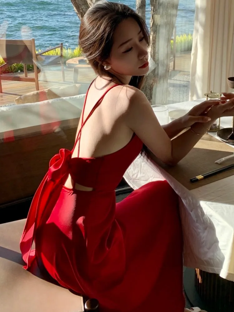 Robe mi-longue élégante dos nu pour femme, robe de plage décontractée vintage, robe une pièce, mode féminine éducative, robe de soirée, nouveau, été