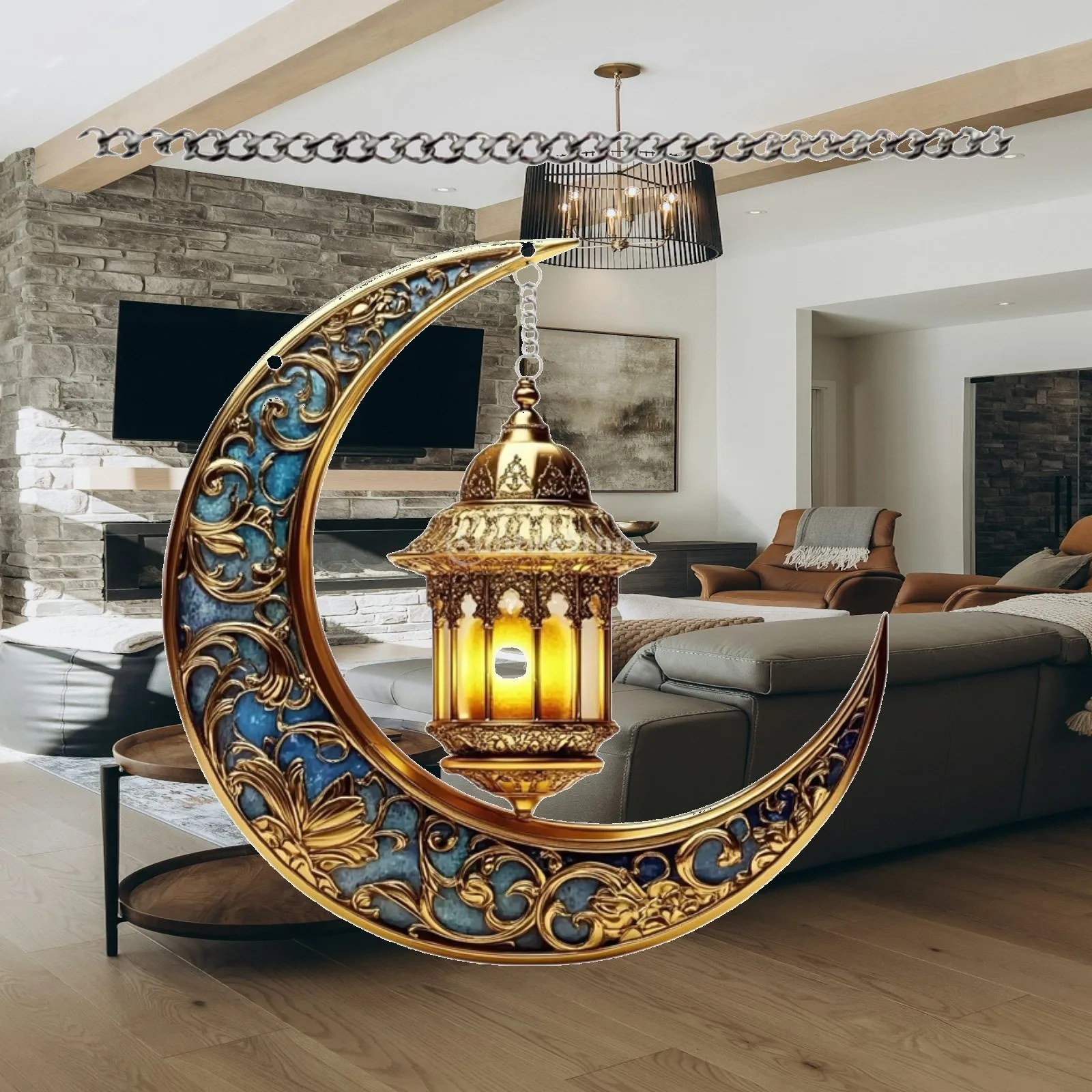 Acrylic 2D Moon Shape Ramadan Hanging Ornament Eid Mubarak Door Decoration Wall Art for Living Room Porch