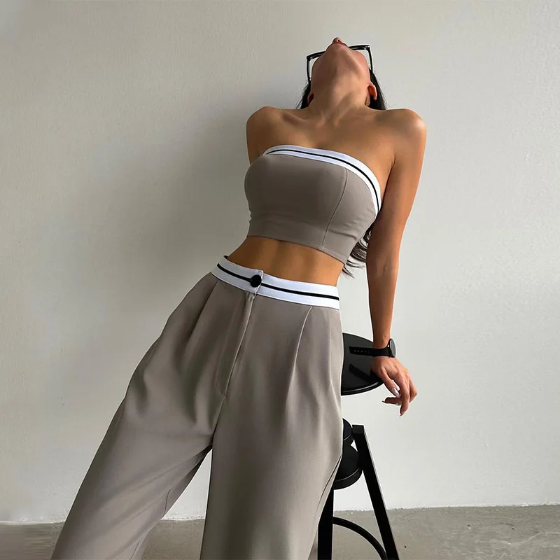 Women's Sexy And Fashionable Solid Color Pants Spring/Summer Spicy Girls Sports Tube Top+High Waist Wide Leg 2 Piece Pant Suit 