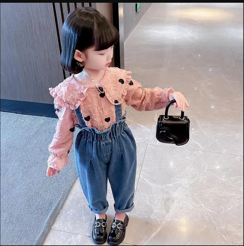 Children Girls Polka Dot Shirt + Denim Overalls Pants Suit Spring 2023 New Autumn  Baby Kids Girl Two-piece Clothing Set