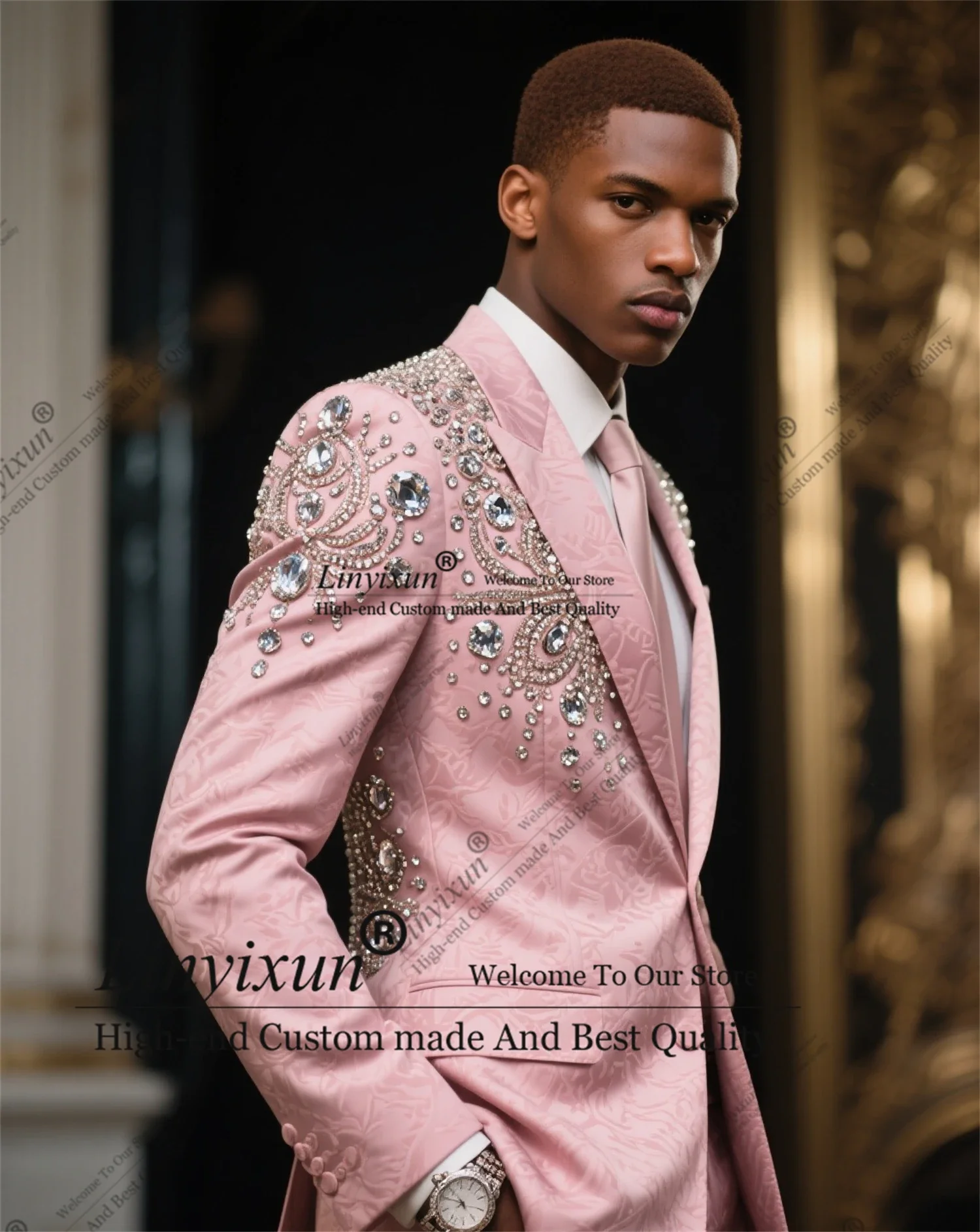 

Shiny Diamond Men Suit Customized 2 Piece Set Wedding Tuxedos High End Fashion Ornament Groom Male Blazers Slim Fit Ropa hombre