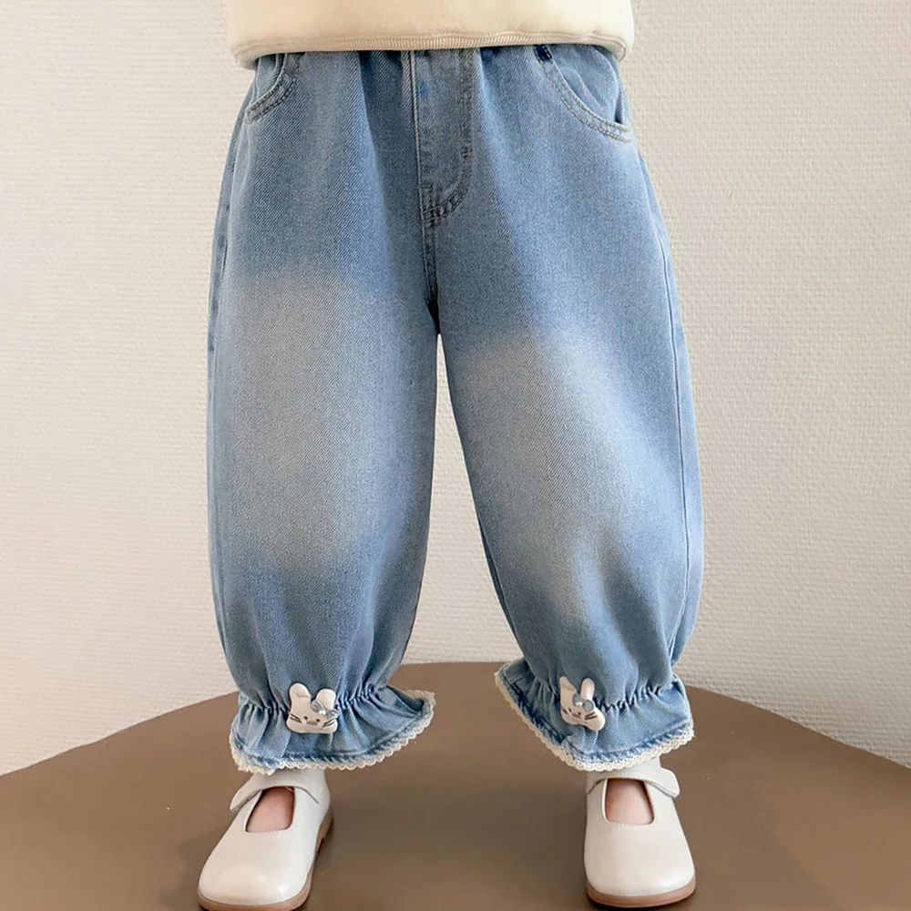 Toddler Girls Jeans Spring 2026 New Elastic Waist Ruffle Cuffs with Lace Bunny Denim Pants for Kids Daily Wear Children Trousers