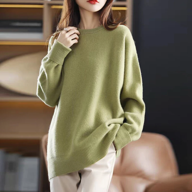 Women Clothing Solid Loose Knitted Tunic Autumn Winter Thick O-neck Casual Loose Soft Warm Sweaters Simple Wool Pullover