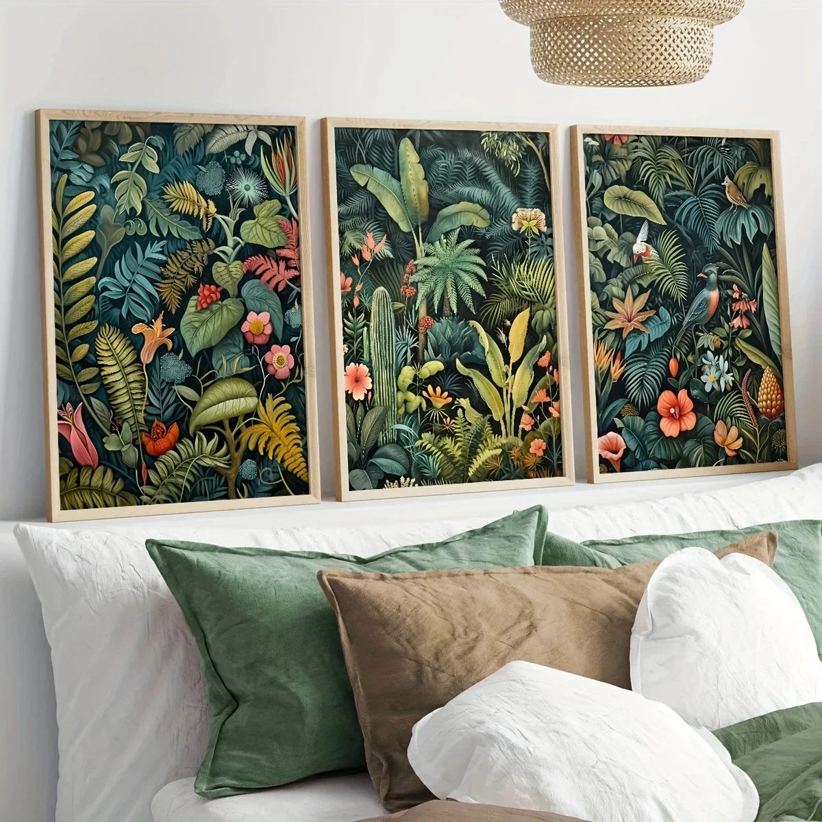 3pcs Set Vintage Jungleland Flower Henry Rousseau Inspired Wall Art Canvas Print,Plant Print Poster,Tropical Jungle Wall Art,Vintage Wall Art,Spring Decor,Living Room Gift,Home Decor,Flower and Leaves Woodland Wall Decor,No Frame