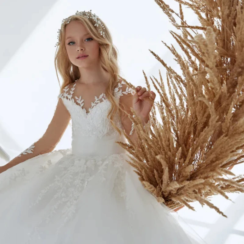 Vestidos de flores blancas para niña, apliques hinchados de tul con cola, manga larga para boda, fiesta de cumpleaños, banquete, vestidos de princesa