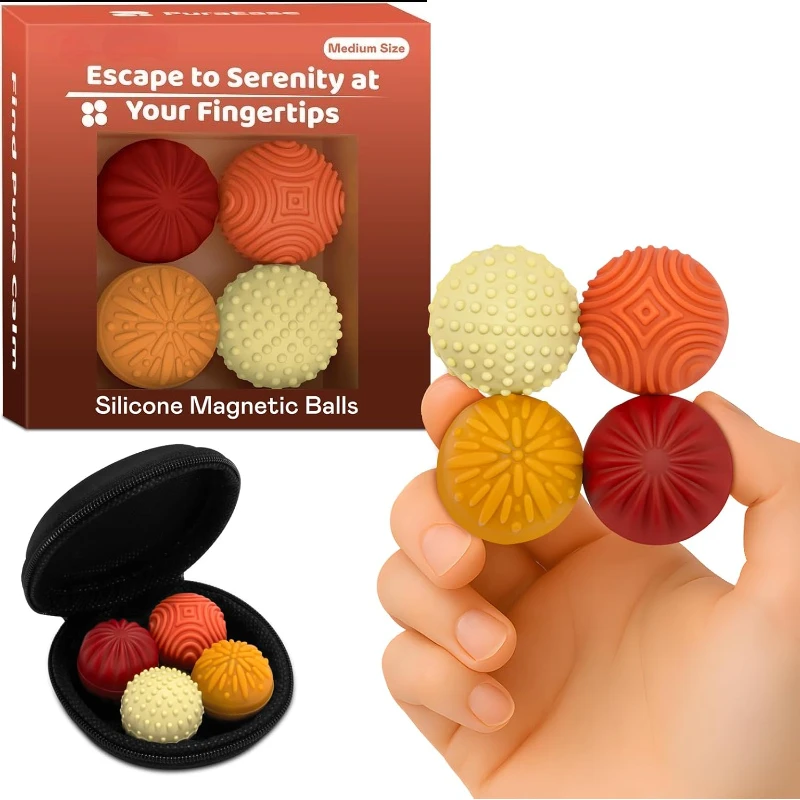 

Magnetic Sensory Fidget Balls 4PC Medium Weighted Textured Silicone Stress Relief Toys for Adults Teens with ADHD Autism
