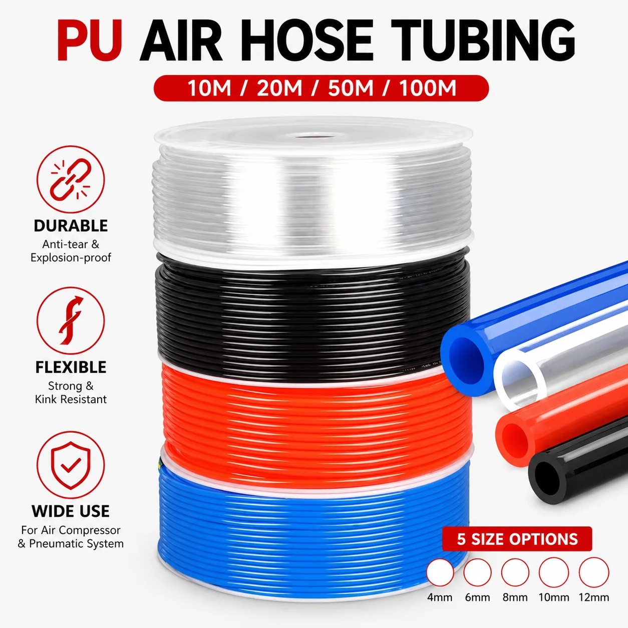 

PU Polyurethane Air Hose 4mm 6mm 8mm 10mm 12mm 10M-100M Pneumatic Tubing for Air Compressor