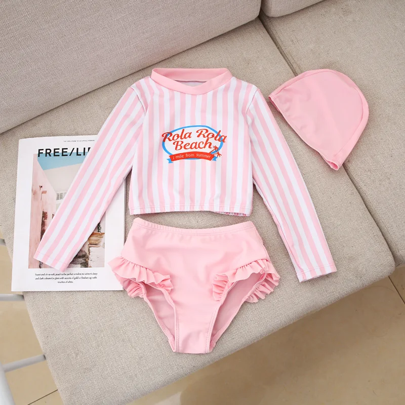 2024 Summer Baby Girls Split Swimsuit Set For 1-10Years Kids Long Sleeve A Bathing Suit+Bikini+Swimming Cap Three-piece Set