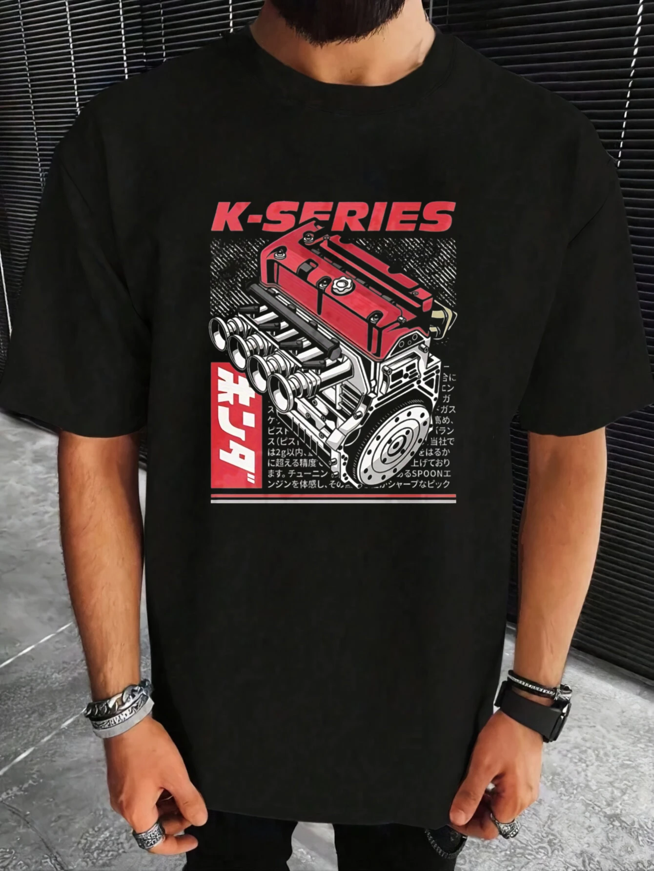 Men'S 100% Anime-Inspired K Series Car Engine Graphic T-Shirt Bold Red Black Casual Round Neck Tee
