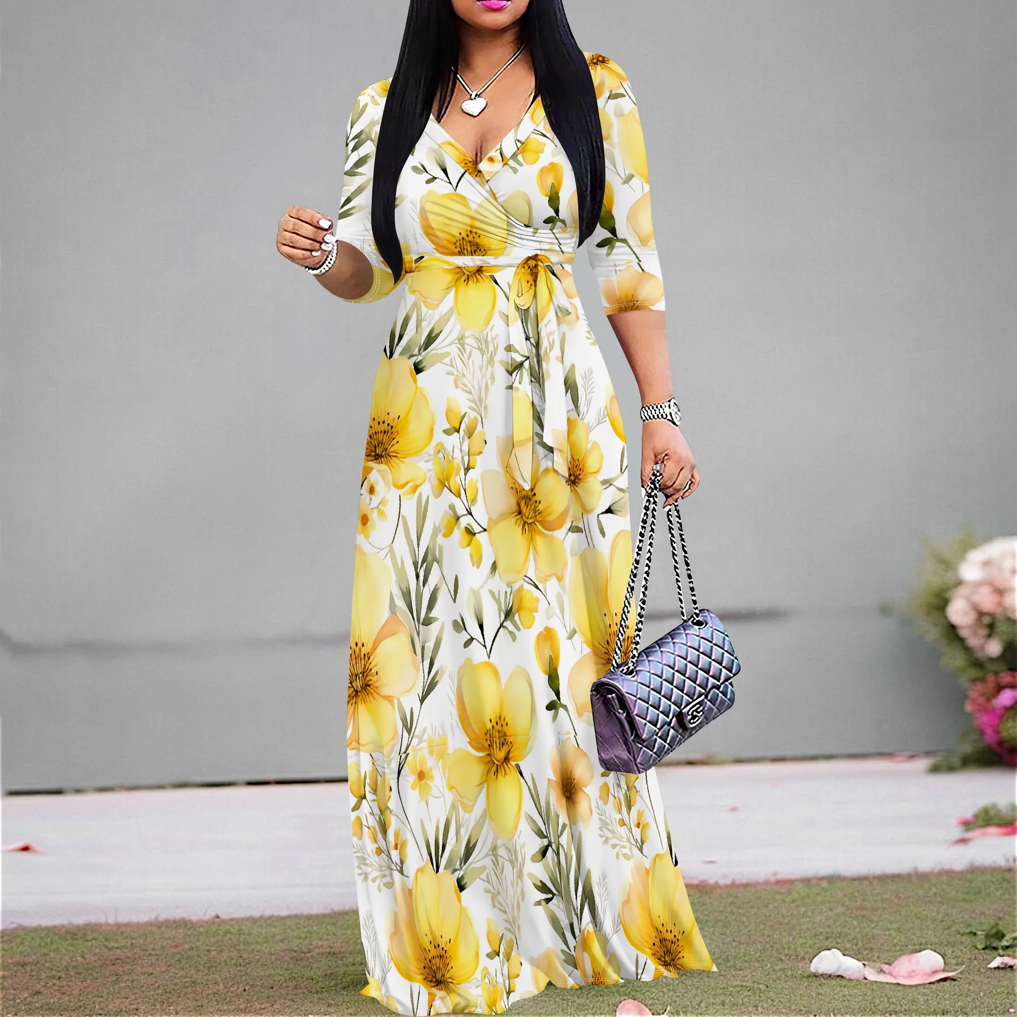 

Yellow Floral Maxi Dress – Elegant V-Neck Wrap Dress for Spring Picnic S-3XL