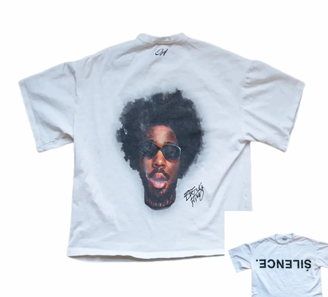 2026 Vintage Afro Man Portrait Art Graphic T Shirt Reverse Letter Print Double Sided Street Tee Crew Neck Men Women