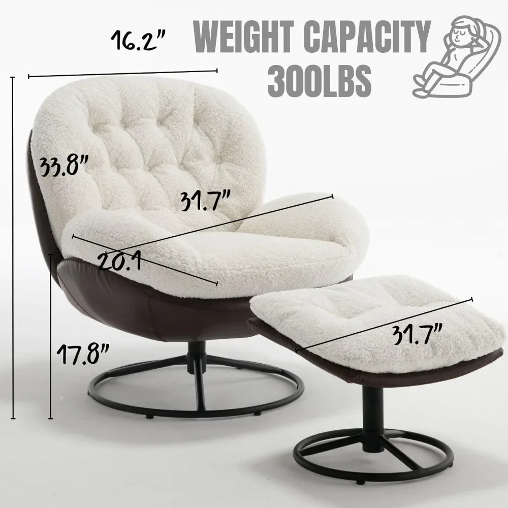 Swivel Accent Chair with Ottoman, Mid Century Modern Faux Fur Lounge Chair with footrest