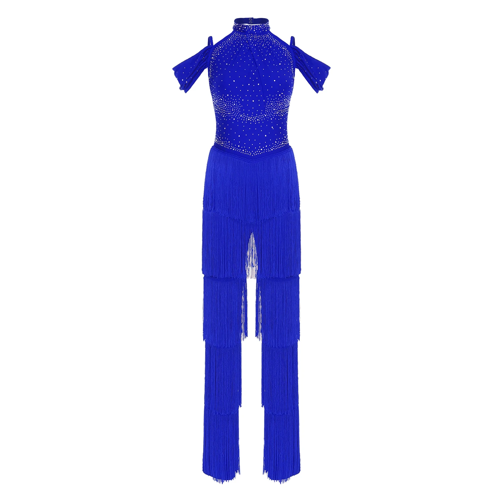 

Womens Latin Dance Jumpsuit Rhinestones Tiered Tassel Halter Off Shoulder One Piece Rompers for Rumba Samba Ballroom Dance Party