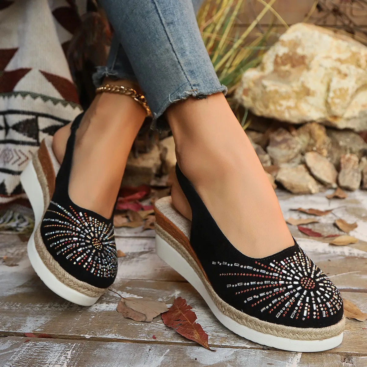 2025 Summer Women's Plain Wedge sandals Bohemian Handcrafted Diamond casual comfort platform pump shoes Sandalias De Mujer