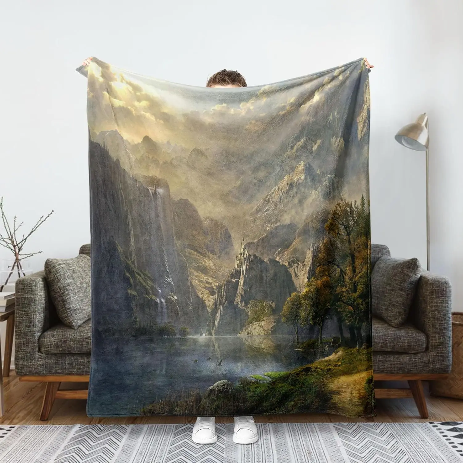 Fantasy World Fleece Throw Blanket, Mountain Forest Lake Landscape Wilderness Sunshine Nature Waterfall Art Decor