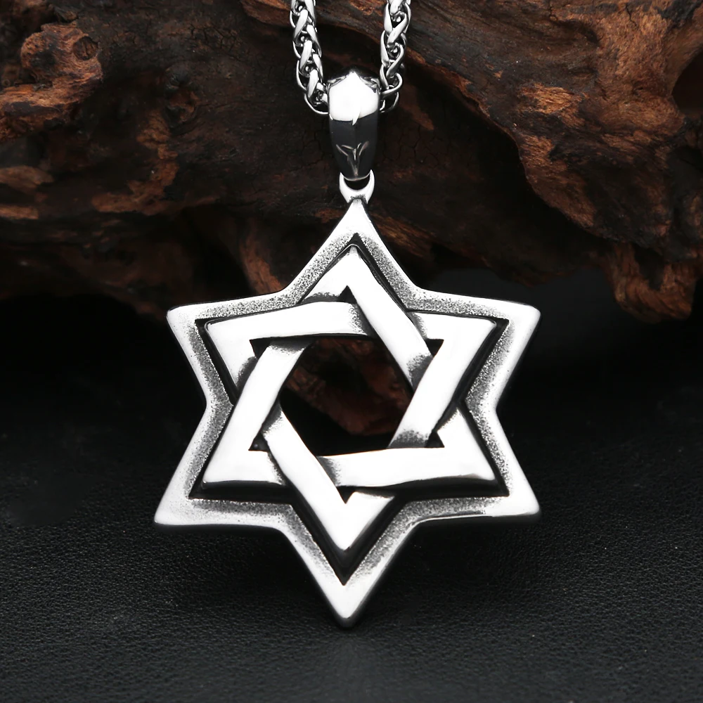 Punk Vintage Star Of David Pendant Necklace For Men Stainless Steel Hip Hop Biker Six Pointed Star Necklace Fashion Jewelry Gift