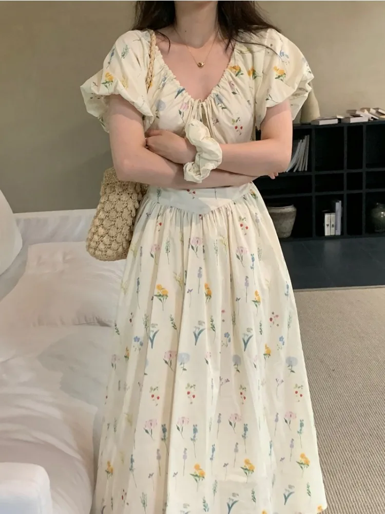Vintage V-hals Bladerdeeg Mouw Lange Gebloemde Jurk Vrouwen Zomer Trekkoord Kraag Slanke Taille A-lijn Midi Zonnejurk Vrouwelijke 2025