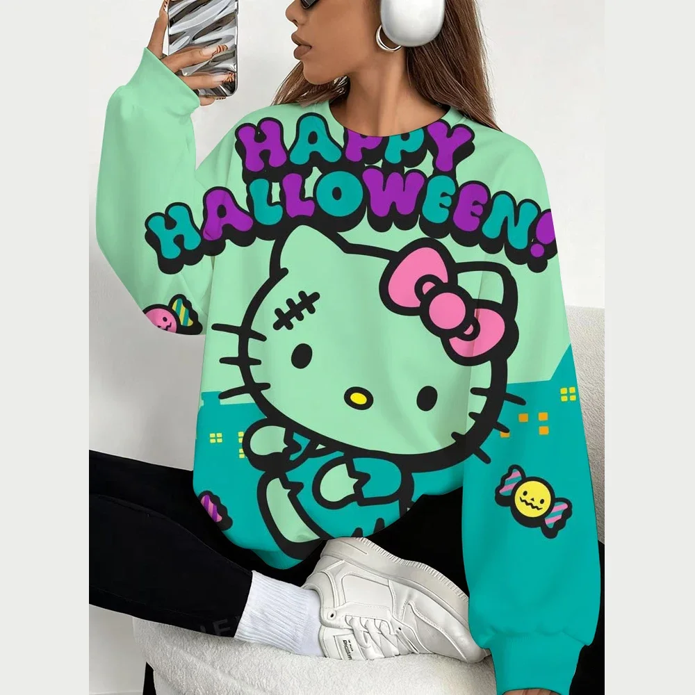 Cute Halloween Hello Kitty Round Neck Hoodie Long Sleeve Design Fashion Street Style Autumn 3D Cute Print Pullover Women