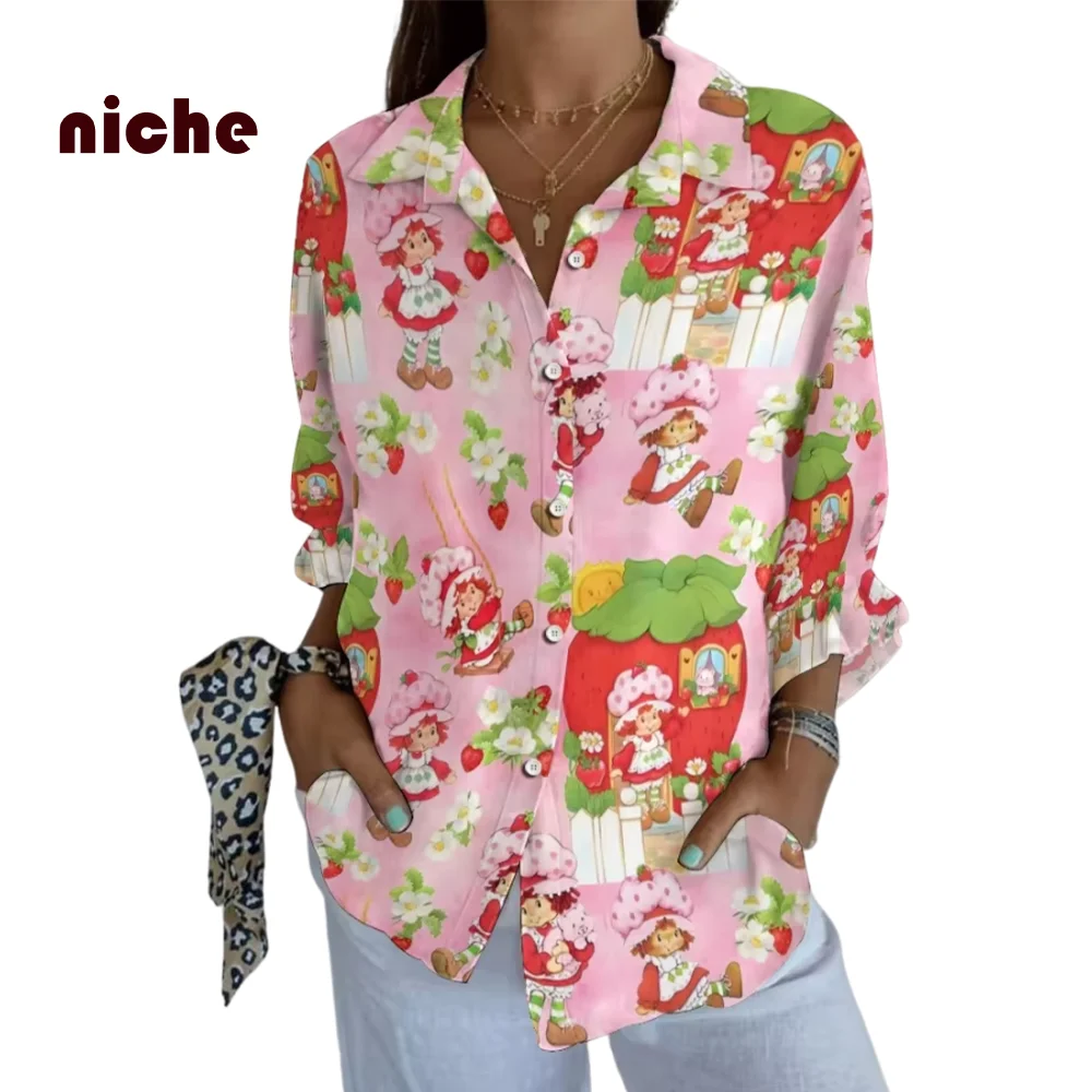 Camisa elegante de algodón para mujer, estampado de niña pequeña de dibujos animados, elegante, de alta calidad, tendencia de moda, mangas largas, nueva