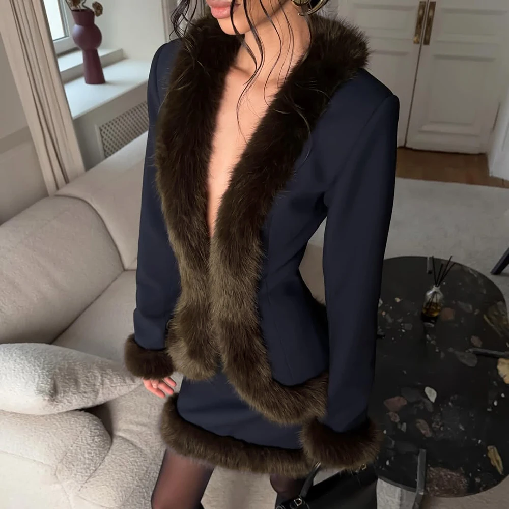 

Talenza Women's Fur Skirt 2-Piece Set Winter Vintage Plush Patchwork Cardigan Bodycon Skirt Sets Fashion Casual 2026 Female Suit
