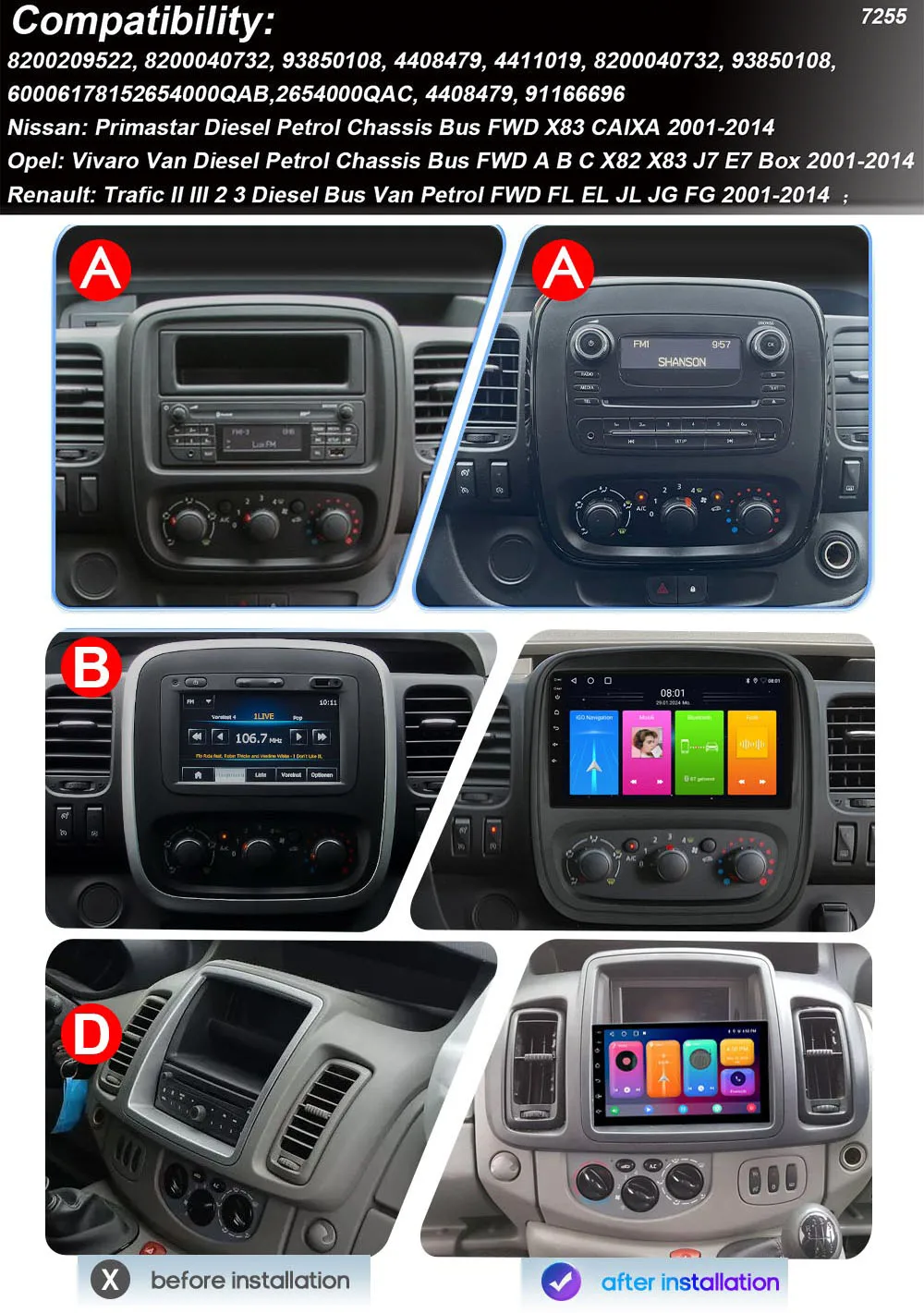 Android Car radio with Carpaly GPS Navigation For Opel Vivaro Van Diesel Petrol Chassis Bus FWD A B C X82  X83 J7 E7 Box