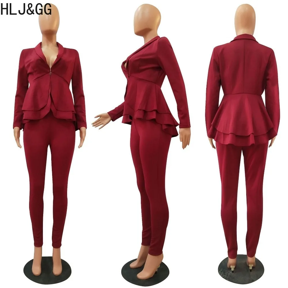 HLJ&GG Elegant Lady Solid Ruffle Design Two Piece Sets Women Deep V Long Sleeve Top And Skinny Pants Outfits Female OL Clothing