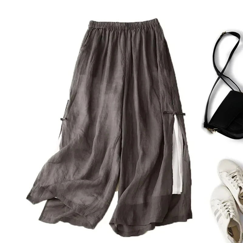 

Gray Cotton Linen Casual Elastic High Waist With Lining Women's Pants Wide Leg Ankle-Length Pants For Women Clothing Fashion