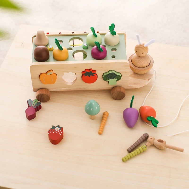 

Wooden Turnip Car Stretch Rope Hand-pulled Car Baby Carrot Pulling Toy Shape Matching Toy Parent-child Education Montessori Toys