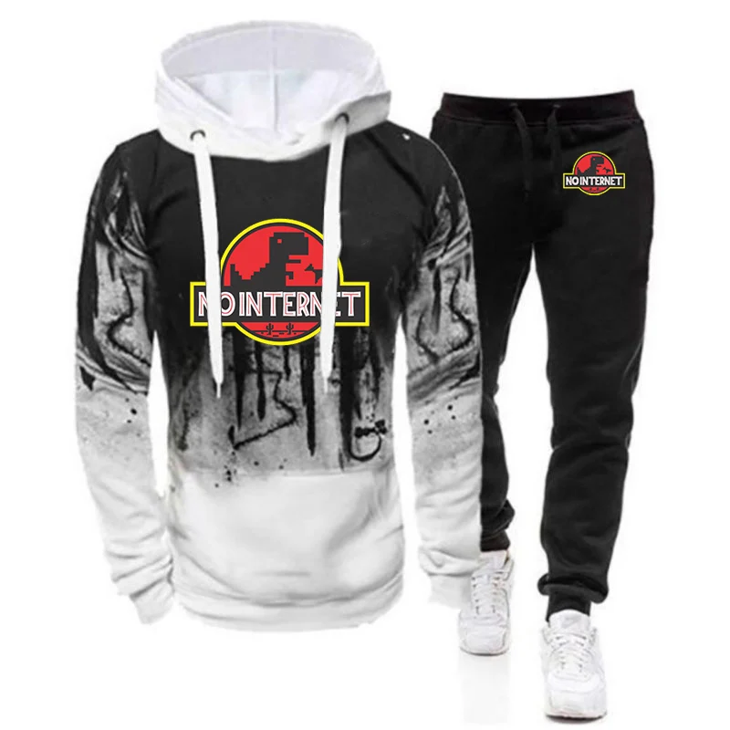 

2025 Spring Autumn No Internet Loose Sports Sets Men Cartoon Dinosaur Jurassic Offline Park Gradient Color Hoodies+Trousers Suit