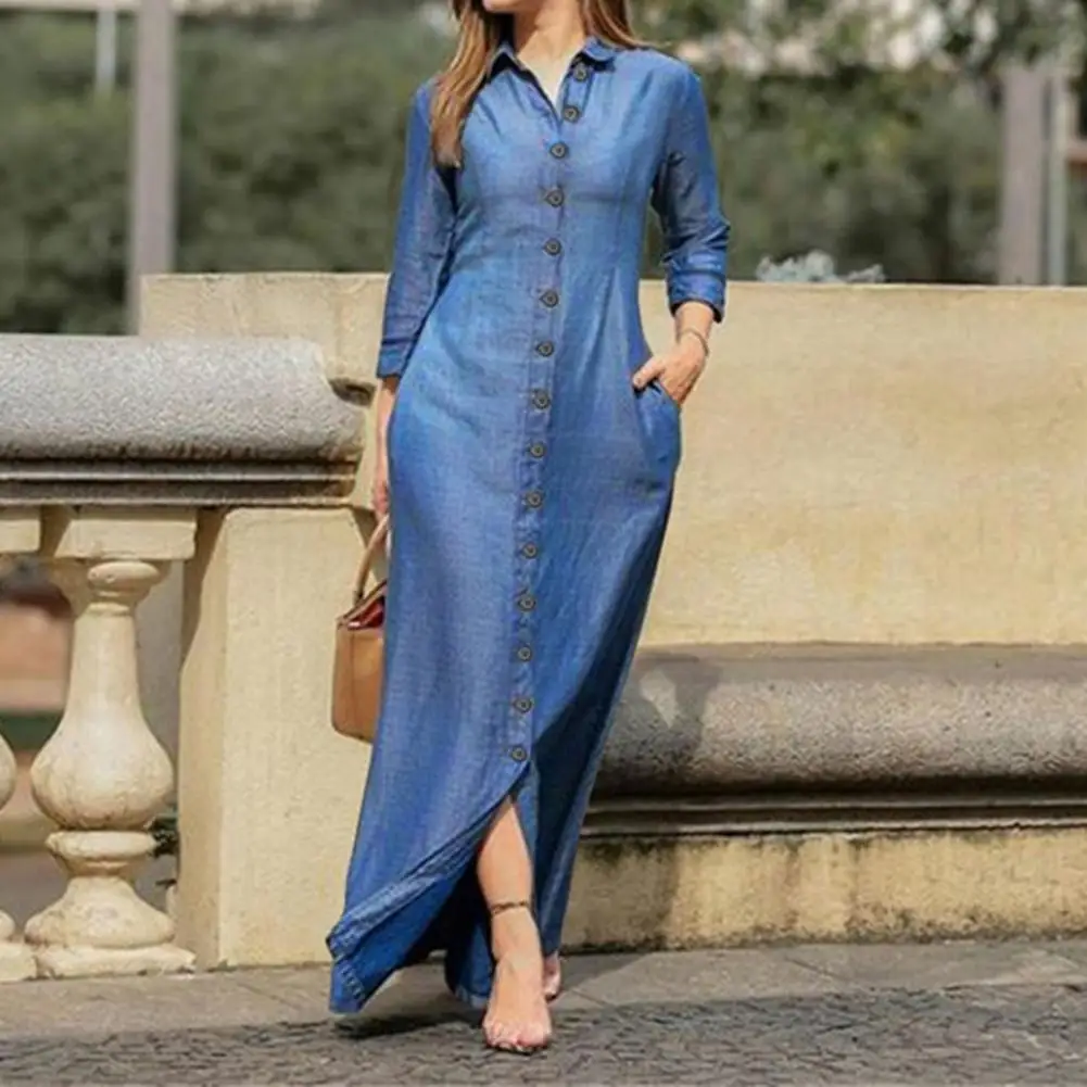 

Turn-Down Collar 3/4 Sleeve Women Dress Two Pockets Solid Color Single Breasted Denim Maxi Dress Ladies Clothing Vestidos Robe