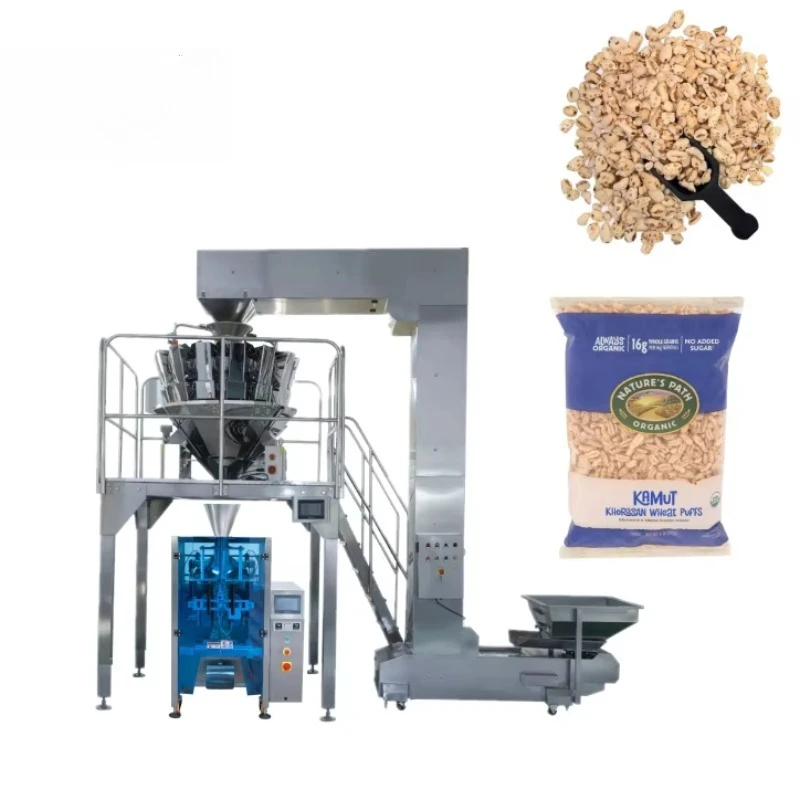Puffed Wheat Vertical Packing Machine Back Sealing Cereal Puffs Multihead Weigher VFFS Packing Machine