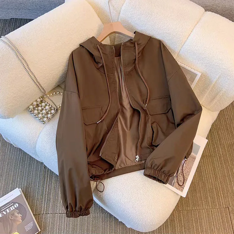 Y2K Autumn Cargo Jackets Women Fashion Loose Streetwear Hooded Zipper Windbreaker Bf Korean Solid Chic All-Match Crop Coats New