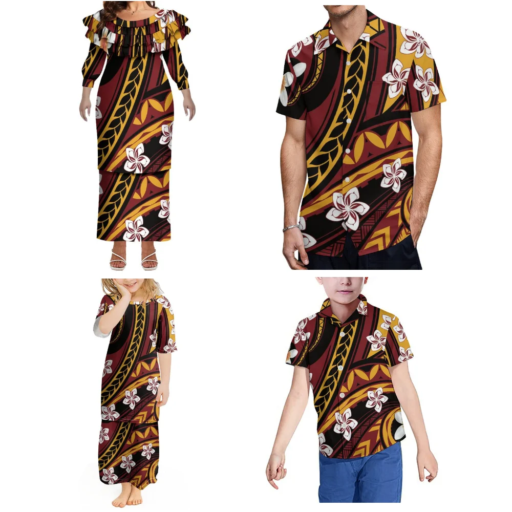 

Полинезийский индивидуальный дизайн одежды для родителей и детей, летнее кружевное утягивающее пулетиси с листьями лотоса, платье на заказ, мужская рубашка, женское платье