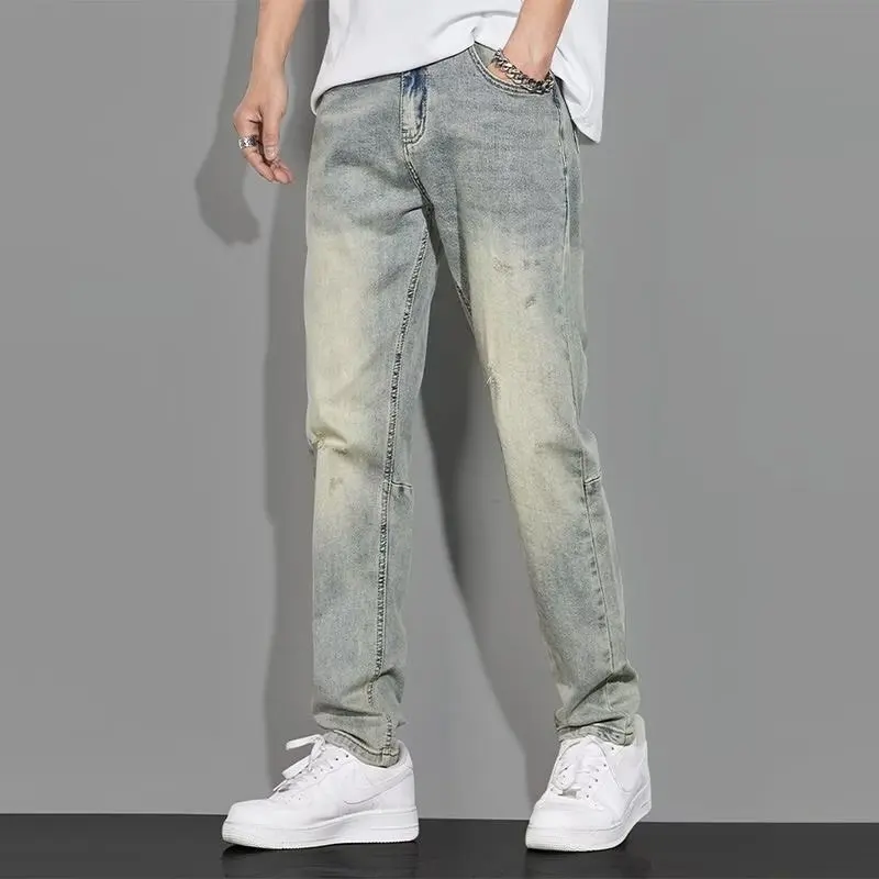 

Мужские джинсы в стиле ретро, желтые, из глиняной ткани, свободного кроя, прямые, повседневные брюки для осенне-весеннего сезона, молодежный стиль
