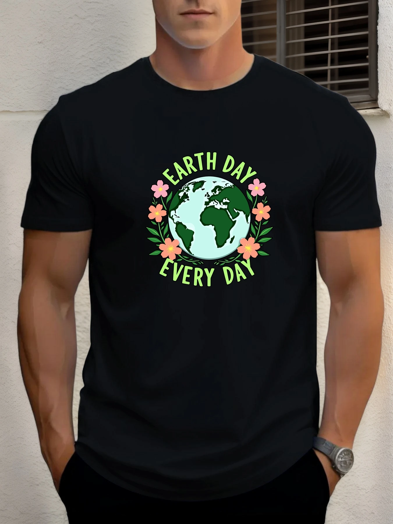 

2025 Summer Men's Cotton T Shirt EARTH DAY EVERY DAY Trendy Print Round Neck T-Shirt Casual Breathable Street Style Daily Top