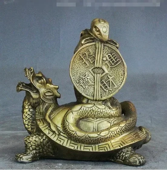 Chinese Brass FengShui Wealth Dragon Tortoise Turtle Zodiac Year Snake Statue