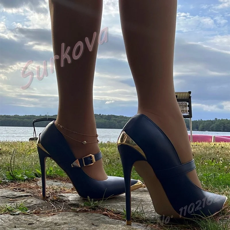 Autumn Blue Metal Toe Shallow Pumps Women'S Pointed Stilettos Elegant High Heels Fashion Party Elegant Dress Big Size Pumps 46
